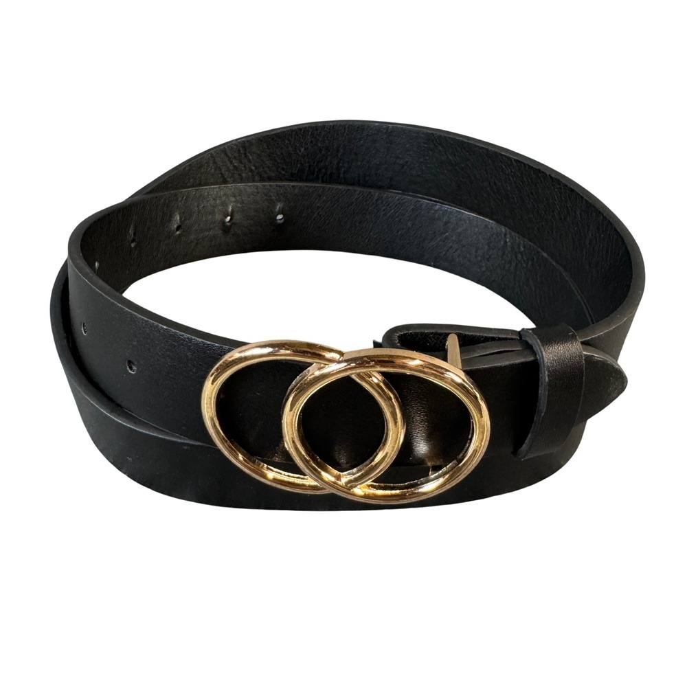 Black Faux Leather Double O-Ring Belt Gold Buckle Minimalist Accessory